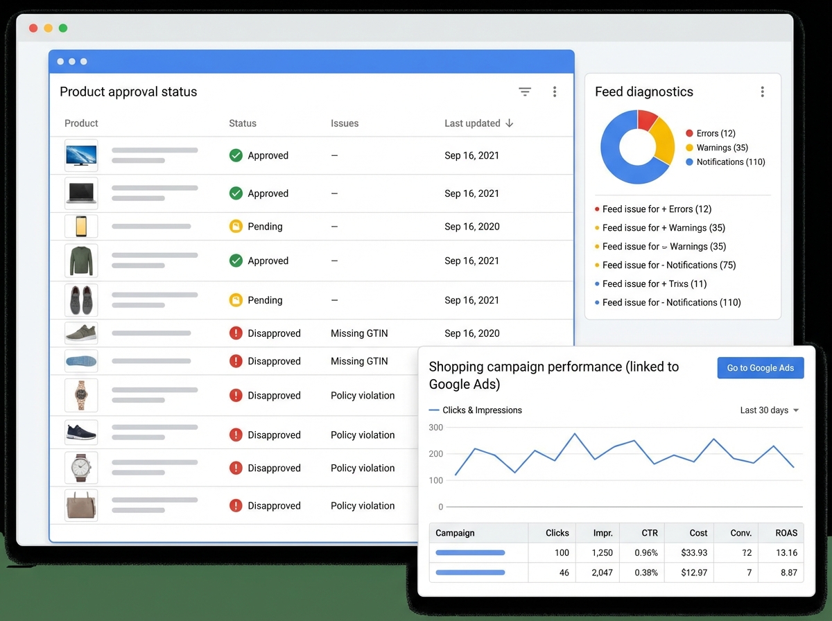 Google Merchant Center product feed dashboard showing product approval status, feed diagnostics panel, and Shopping campaign performance metrics linked to a Google Ads Shopping campaign