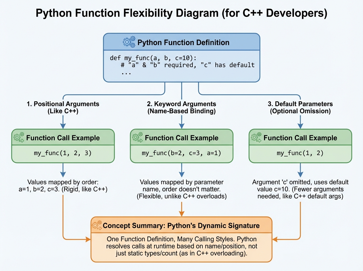 Python function flexibility diagram showing the same function called with positional arguments, keyword arguments, and default parameters — illustrating Python function signatures for C++ developers