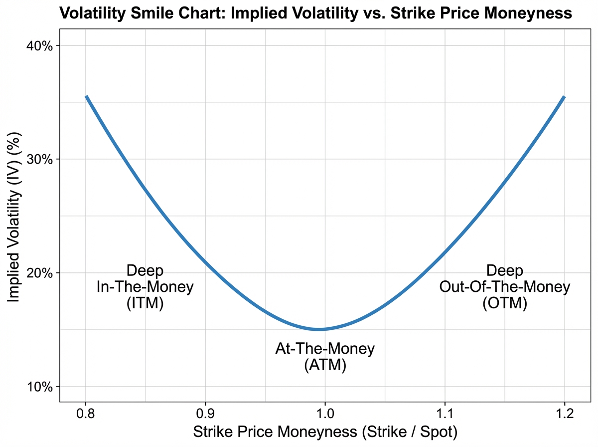 Volatility smile chart showing implied volatility on the y-axis plotted against strike price moneyness on the x-axis, with the characteristic U-shaped curve showing higher IV for deep in-the-money and out-of-the-money options