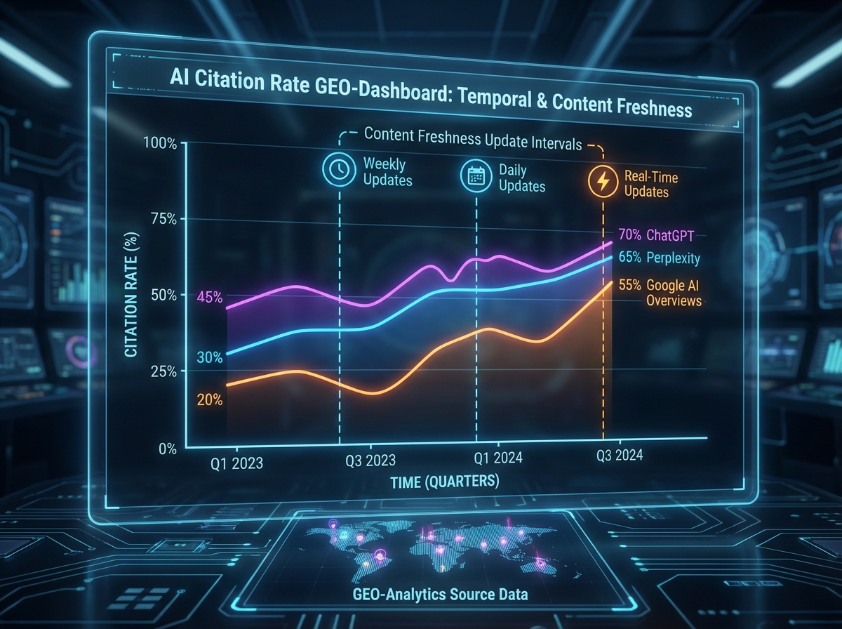 GEO analytics dashboard chart showing AI citation rate over time across ChatGPT, Perplexity, and Google AI Overviews with content freshness update intervals marked