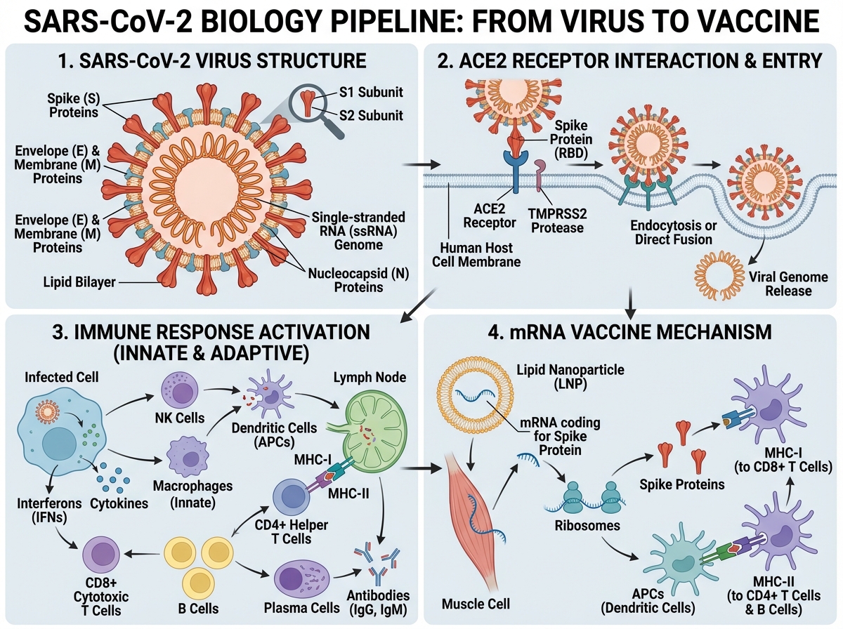 SARS-CoV-2 full biology pipeline diagram showing virus structure, ACE2 receptor interaction, immune response activation, and mRNA vaccine mechanism with labeled components