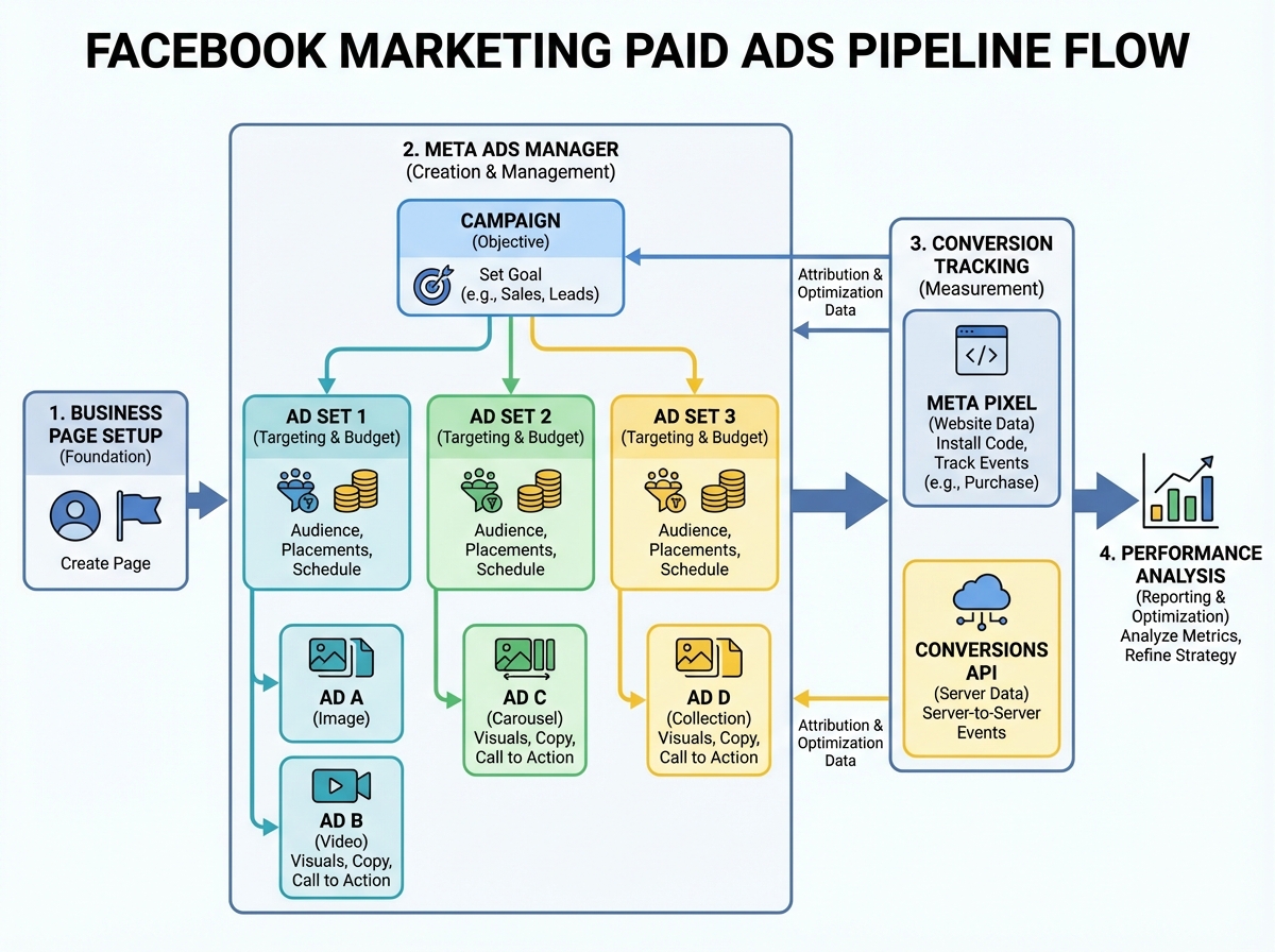 Facebook marketing paid ads pipeline diagram showing flow from Business Page setup through Meta Ads Manager Campaign Ad Set Ad structure to conversion tracking with Meta Pixel