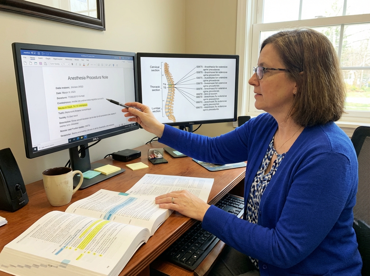 Medical coder reviewing anesthesia procedure note alongside anatomical diagram of spine, showing connection between vertebral level documentation and CPT code selection for spinal anesthesia