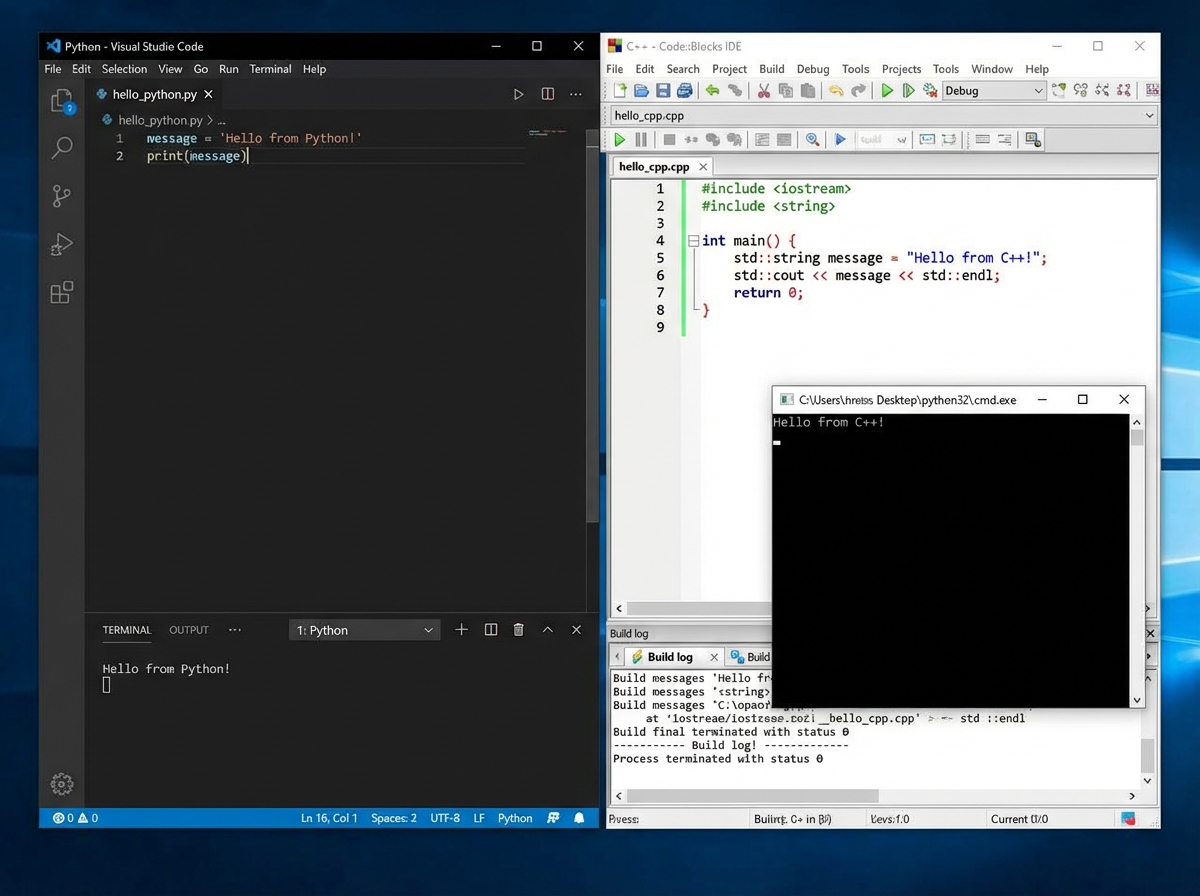Python environment setup screenshot showing IDLE or VS Code with a simple variable assignment and print statement, contrasted with a C++ equivalent requiring type declaration and compilation