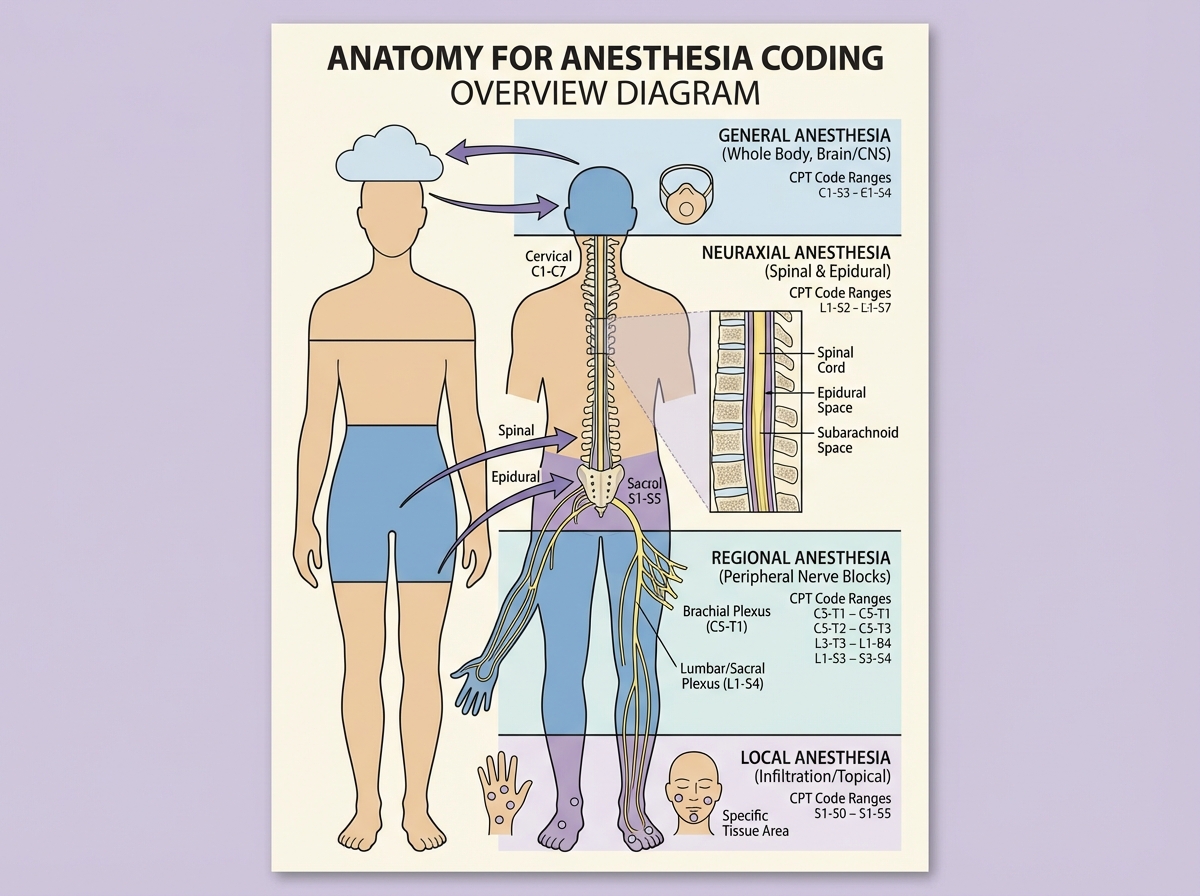 Anatomy for anesthesia coding overview diagram showing body regions mapped to anesthesia types — general, regional, spinal, epidural, and local — with vertebral levels and nerve pathways labeled