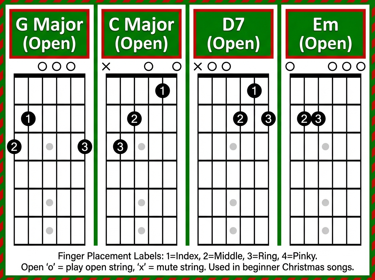 Side-by-side guitar chord diagram comparison of G, C, D7, and Em open chord shapes used across easy Christmas guitar songs for beginners, with finger placement labels