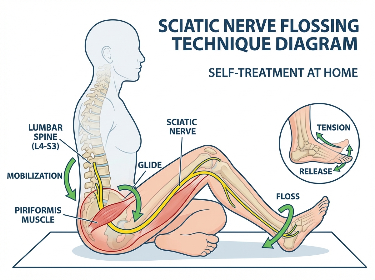 Sciatic nerve flossing technique diagram showing nerve mobilization path from lumbar spine through piriformis and down the leg, with movement direction arrows for self-treatment of sciatica at home