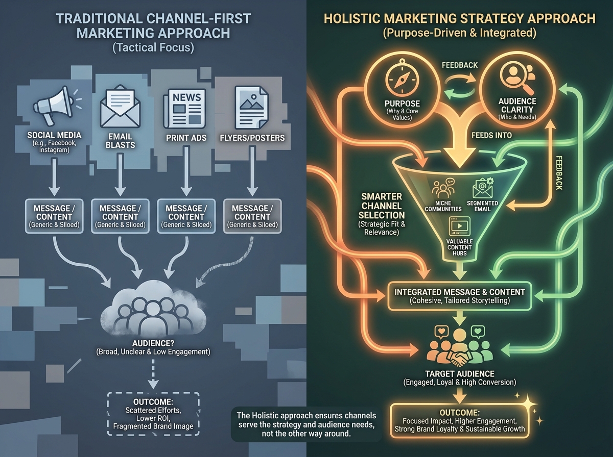 Side-by-side comparison of traditional channel-first marketing approach versus holistic marketing strategy approach, showing how purpose and audience clarity feed into smarter channel selection for small business owners