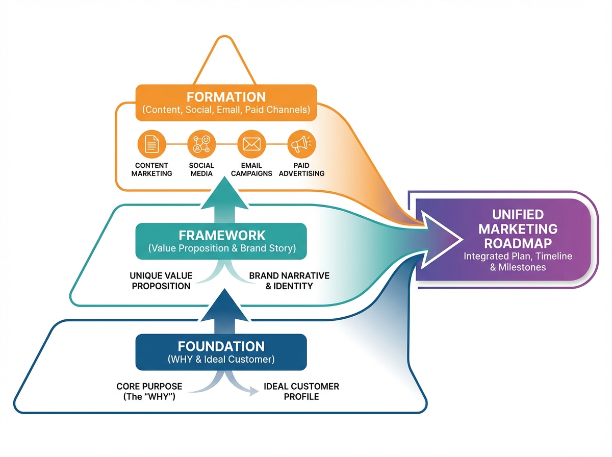 Holistic marketing strategy framework diagram showing three layers: Foundation (WHY and ideal customer), Framework (value proposition and brand story), and Formation (content, social, email, paid channels) flowing into a unified roadmap