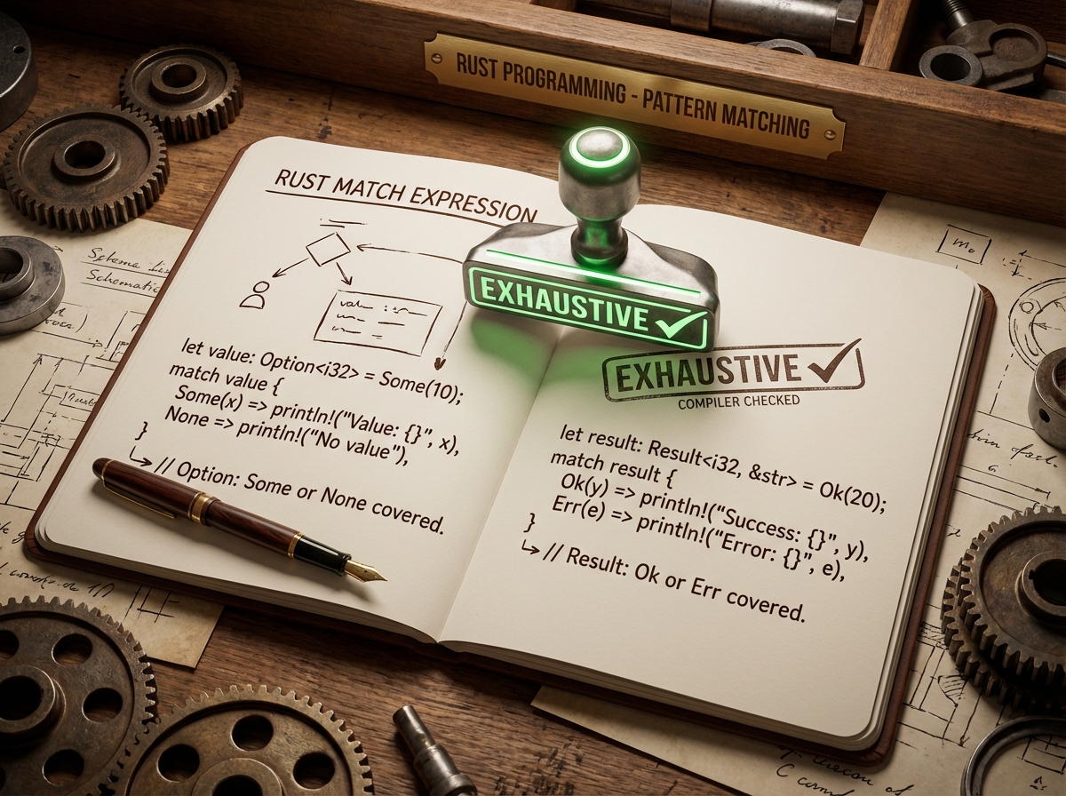 Rust match expression example showing Option and Result pattern matching with Some/None and Ok/Err arms, with compiler enforcing exhaustive coverage of all cases