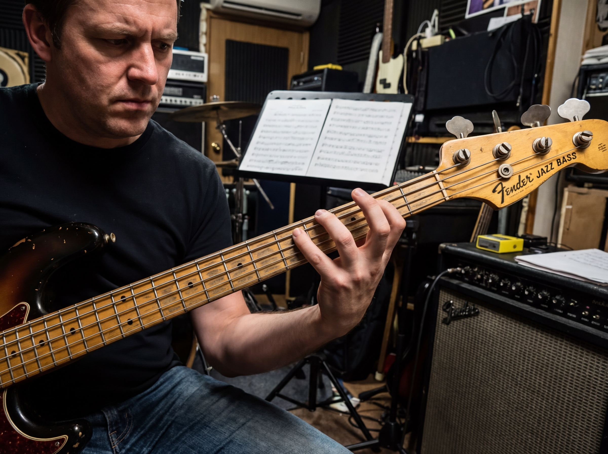 Electric bass guitarist playing Bach Toccata and Fugue in D minor solo arrangement, showing left hand position on neck during descending toccata passage with fret-hand fingering visible