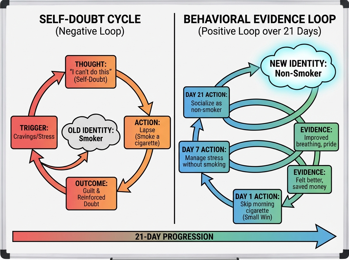 Mindset diagram showing self-doubt cycle during quit smoking attempt and the behavioral evidence loop that builds new non-smoker identity over 21 days
