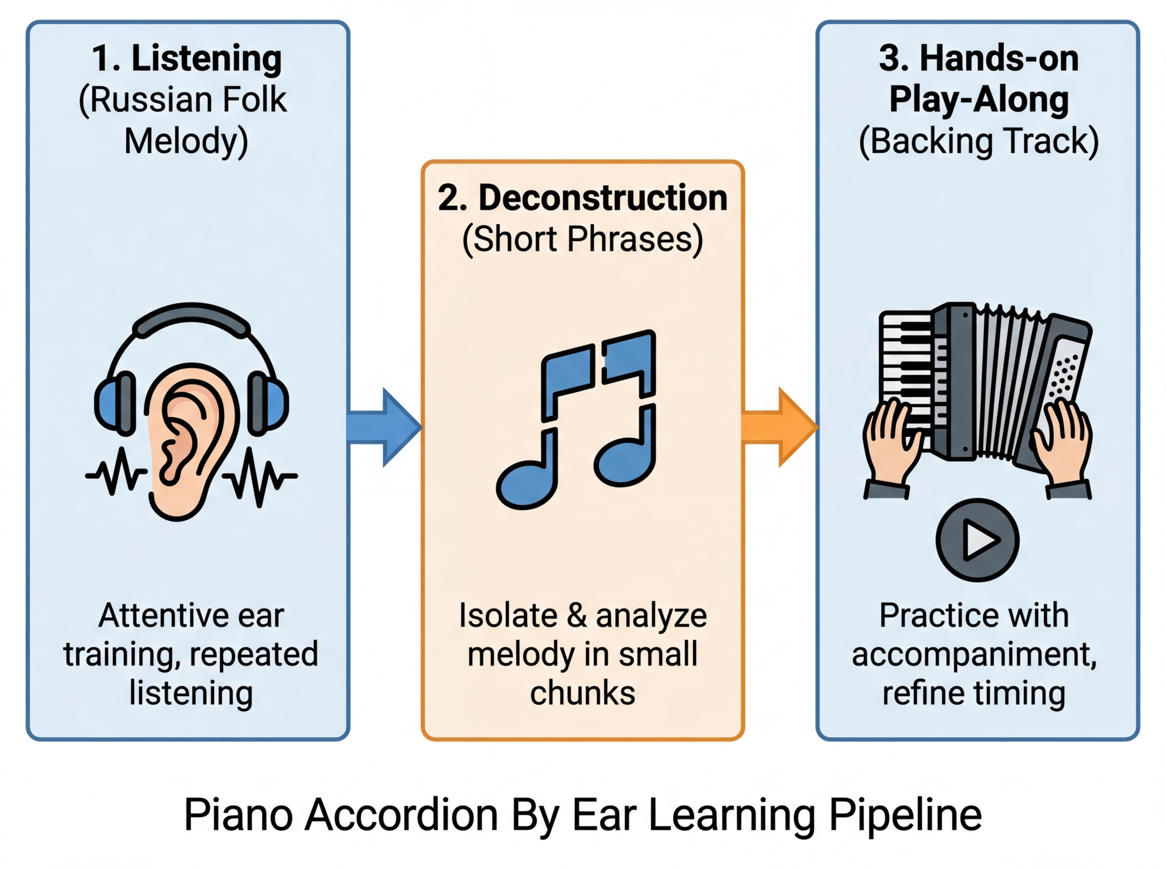 Piano accordion by ear learning pipeline diagram showing the flow from listening to a Russian folk melody, through deconstruction into short phrases, to hands-on play-along with backing track on piano accordion