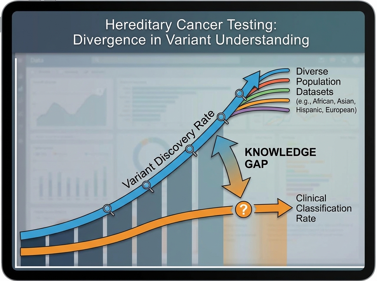 Hereditary cancer testing knowledge gap concept showing divergence between variant discovery rate and clinical classification rate across diverse population datasets