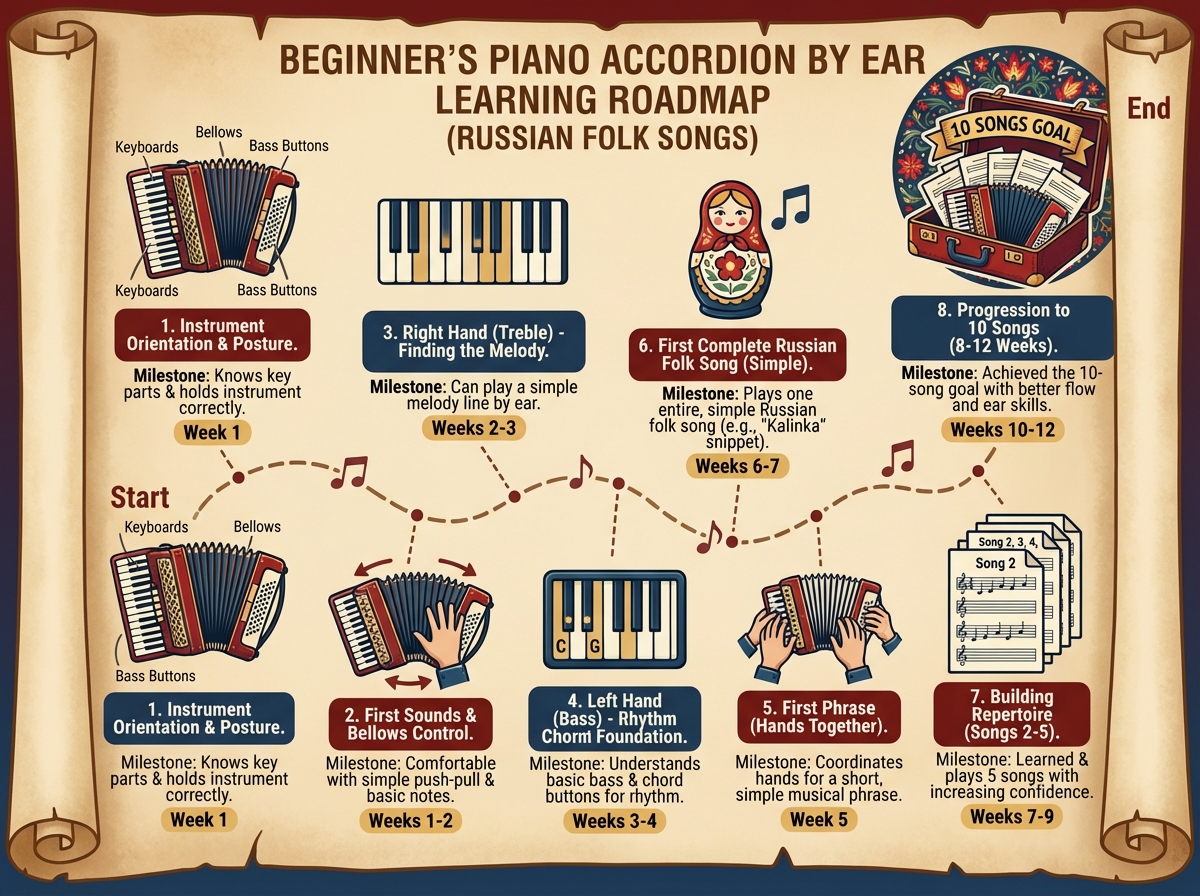 Piano accordion by ear learning roadmap for beginners showing eight sequential stages from instrument orientation through first phrase, first complete Russian folk song, and progression to 10 songs over 8 to 12 weeks with labeled milestones