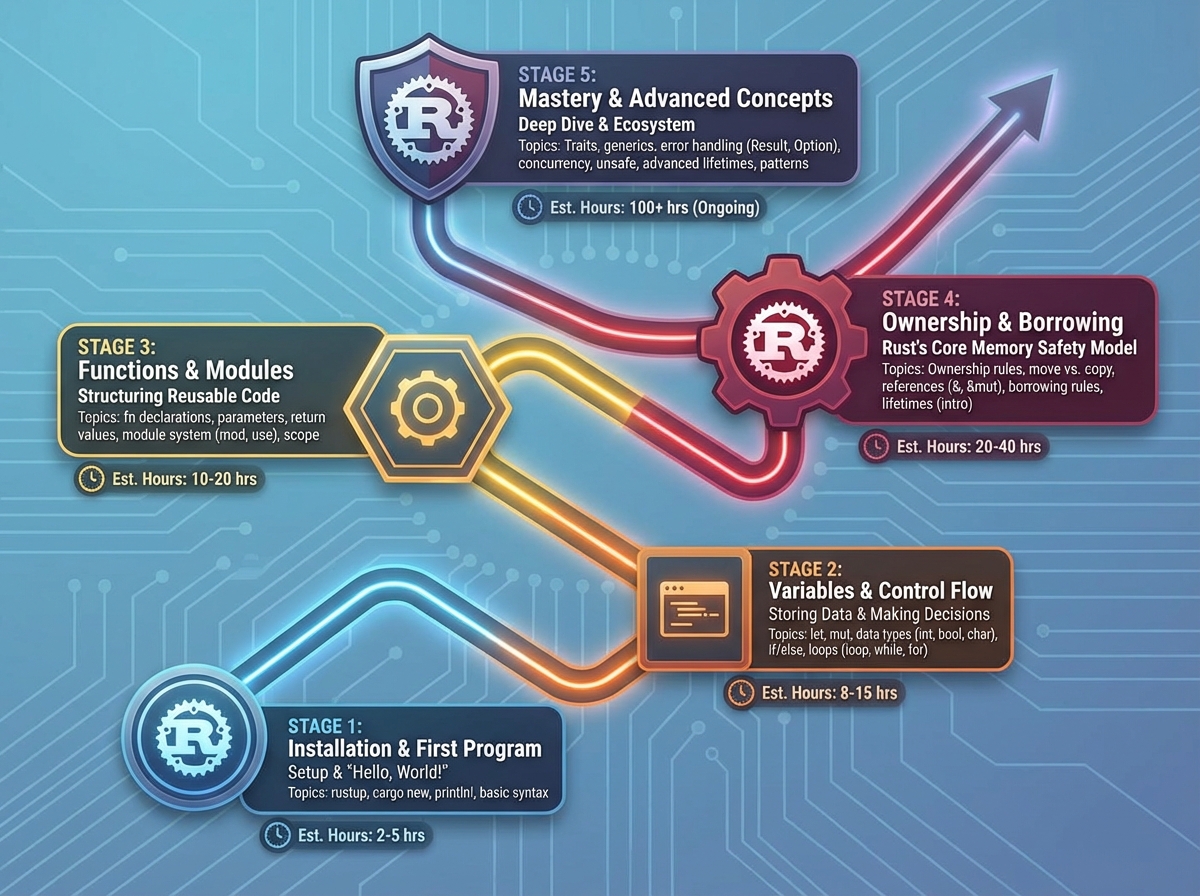 Rust programming learning roadmap showing five sequential stages from installation and first program through variables, control flow, functions, to ownership and borrowing mastery with estimated hours per stage