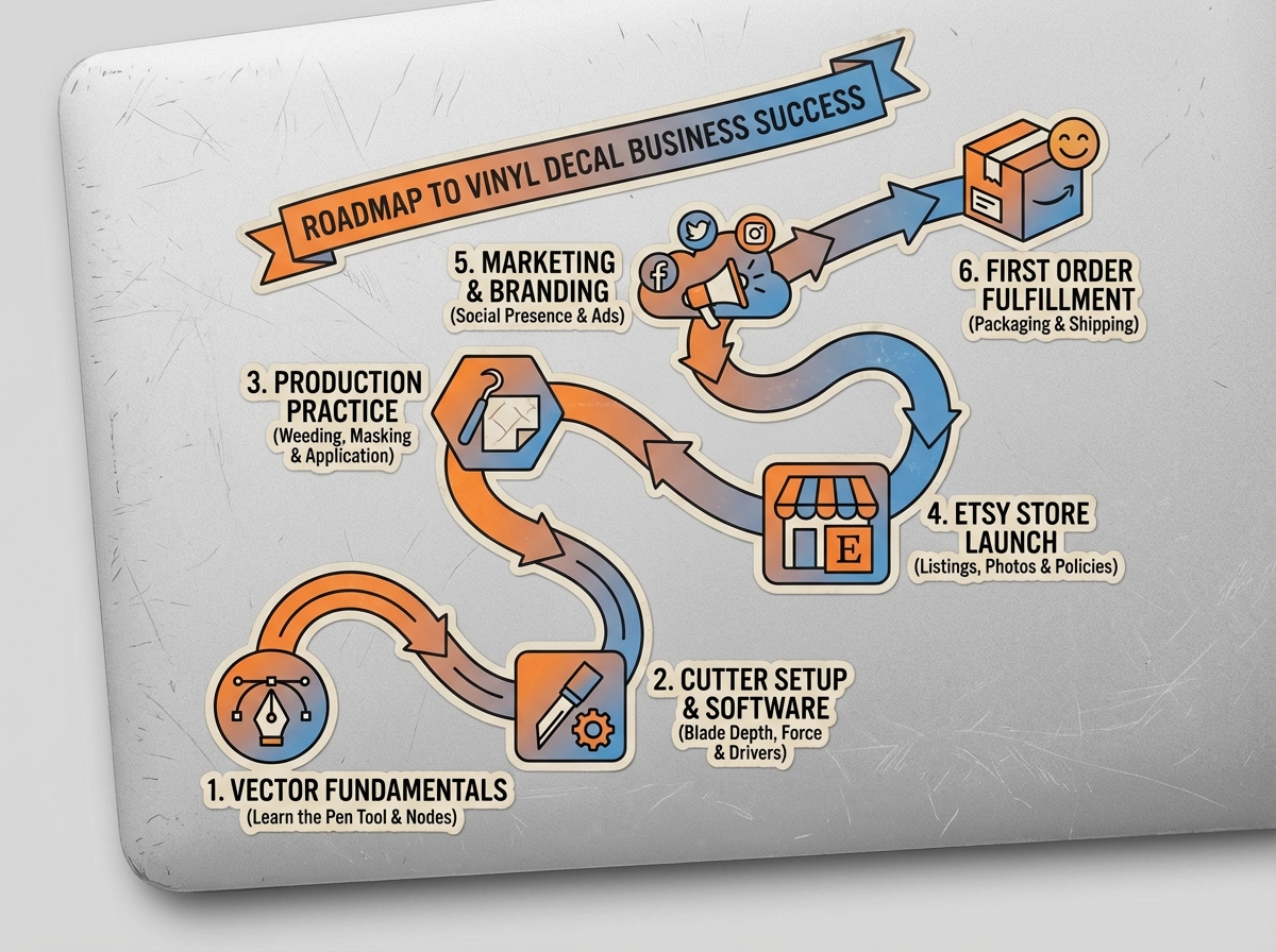 Vinyl decal business learning roadmap showing six sequential stages from vector fundamentals through cutter setup, production practice, Etsy store launch, marketing, and first order fulfillment