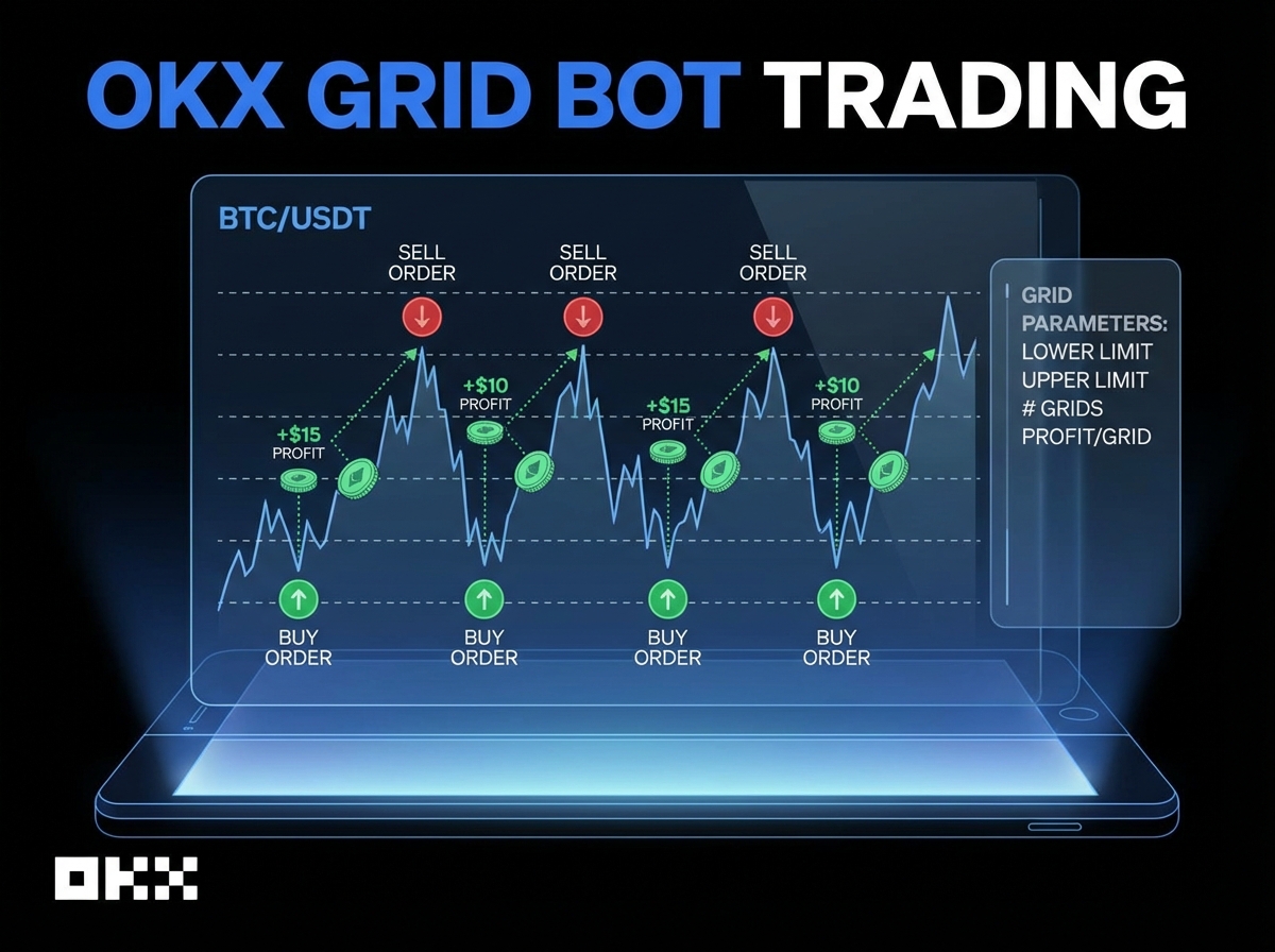 OKX Grid Bot concept illustration showing a crypto price chart with horizontal grid lines, buy triggers at lower lines and sell triggers at upper lines, profit captured per oscillation labeled