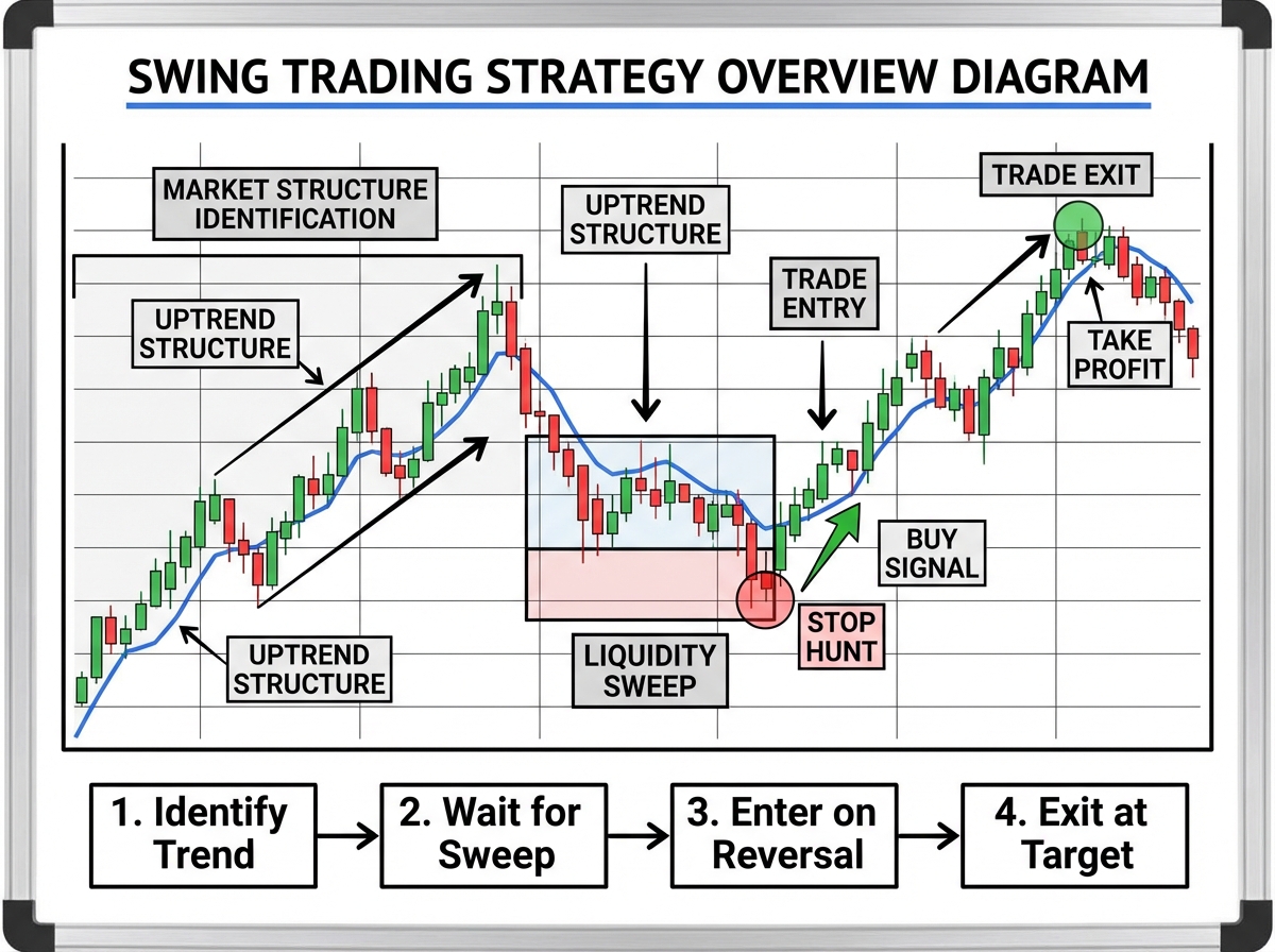 Swing trading strategy overview diagram showing price movement from market structure identification through liquidity sweep to trade entry and exit on a forex chart