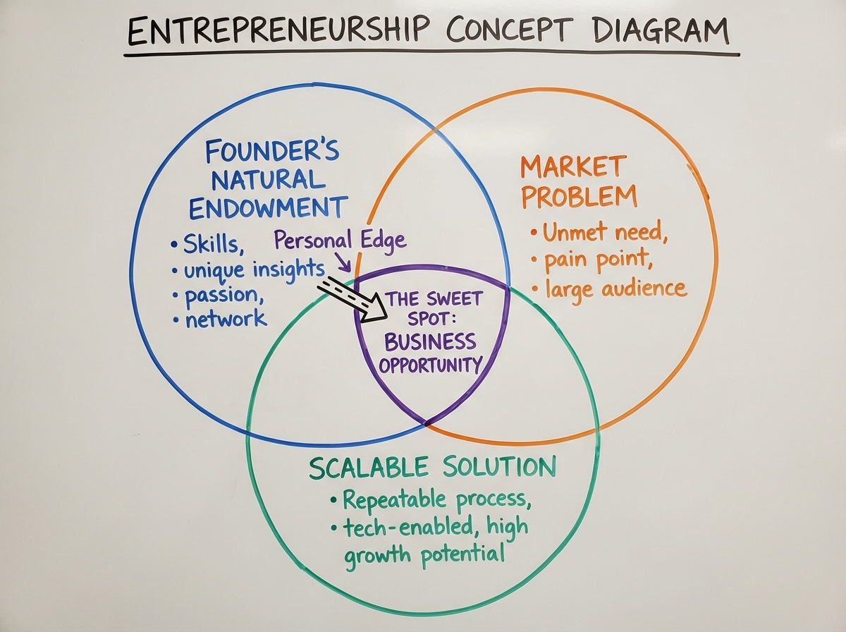 Entrepreneurship concept diagram showing the intersection of founder's natural endowment, market problem, and scalable solution — with arrows connecting personal edge to business opportunity