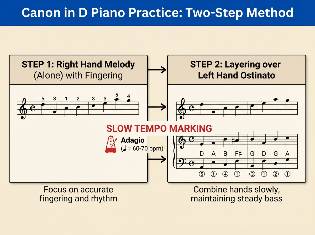 Canon in D piano practice diagram showing two-step method: right hand learned alone first with fingering, then layered over left hand ostinato bass pattern, with slow tempo marking indicated