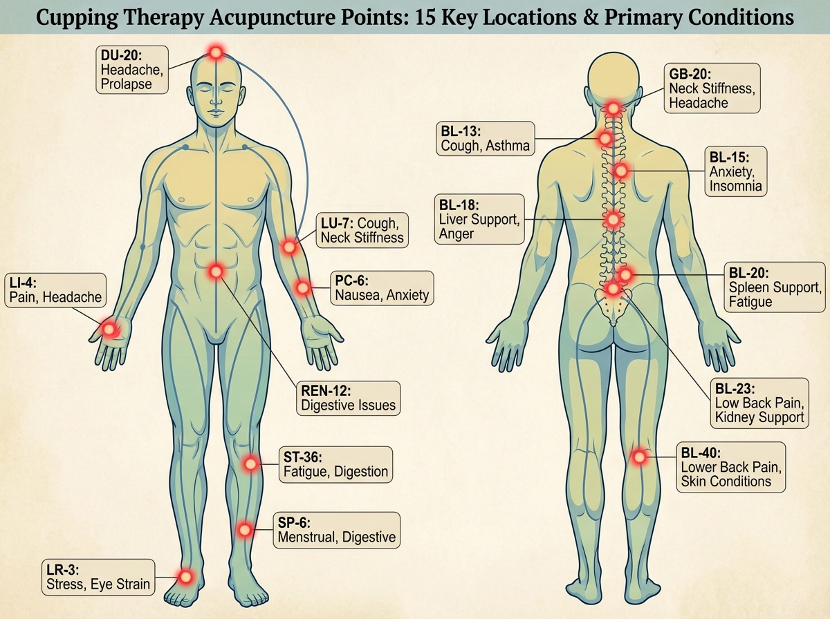 15 cupping therapy acupuncture points mapped on human body diagram including GB-20, ST-36, BL-23, SP-6, DU-20, and LI-4 with meridian line connections and primary condition indicators