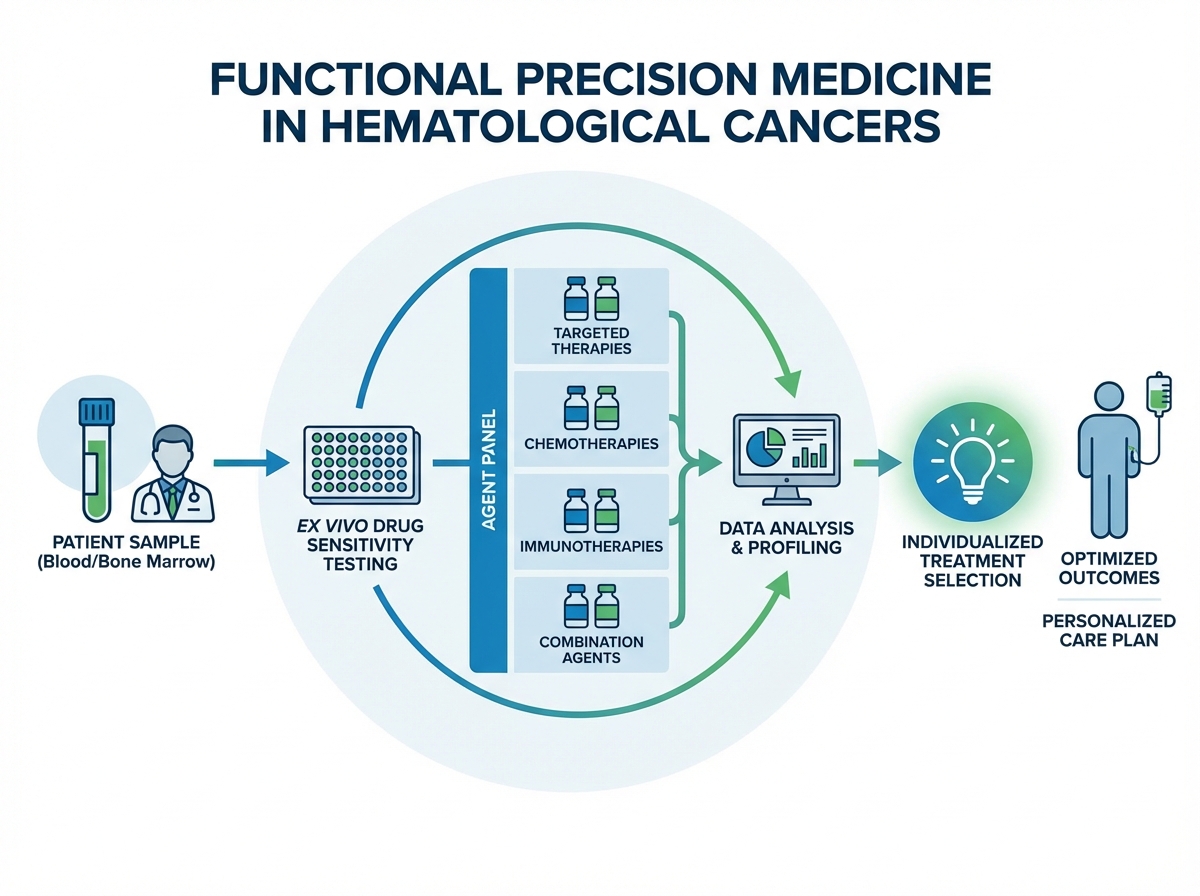 Functional precision medicine in hematological cancers concept diagram showing ex vivo drug sensitivity testing workflow from patient sample through agent panel to individualized treatment selection