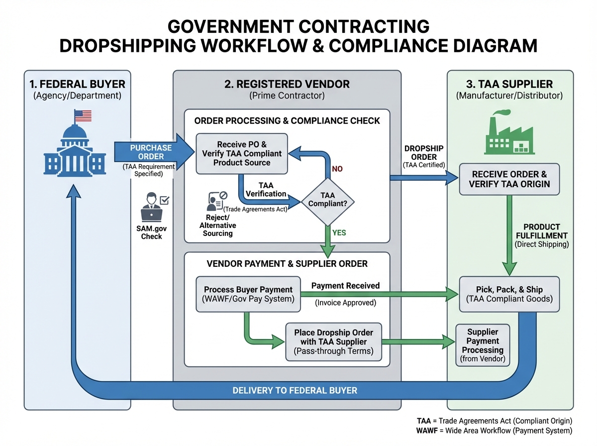 Government contracting dropshipping workflow diagram showing order flow from federal buyer through registered vendor to supplier fulfillment, with TAA compliance and payment processing steps labeled