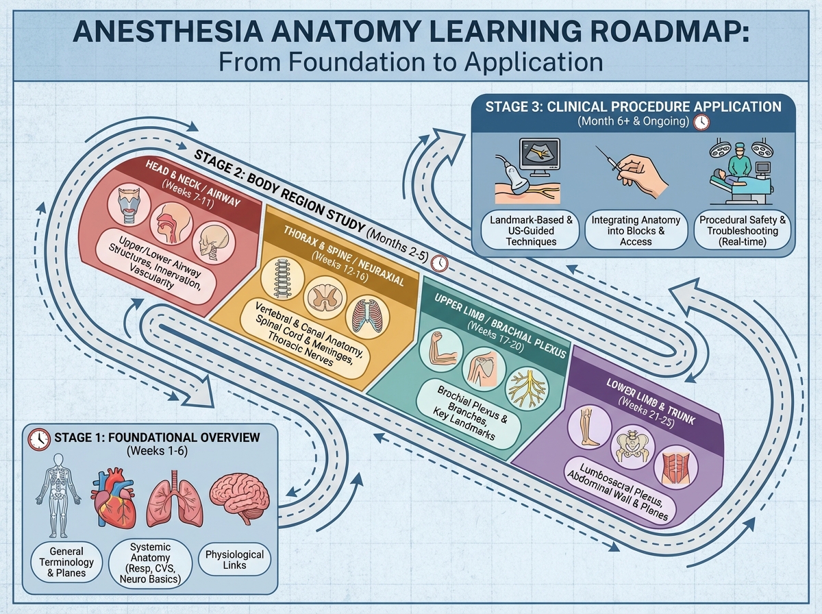Anesthesia anatomy learning roadmap showing sequential stages from foundational overview through body region study to clinical procedure application, with time estimates per stage