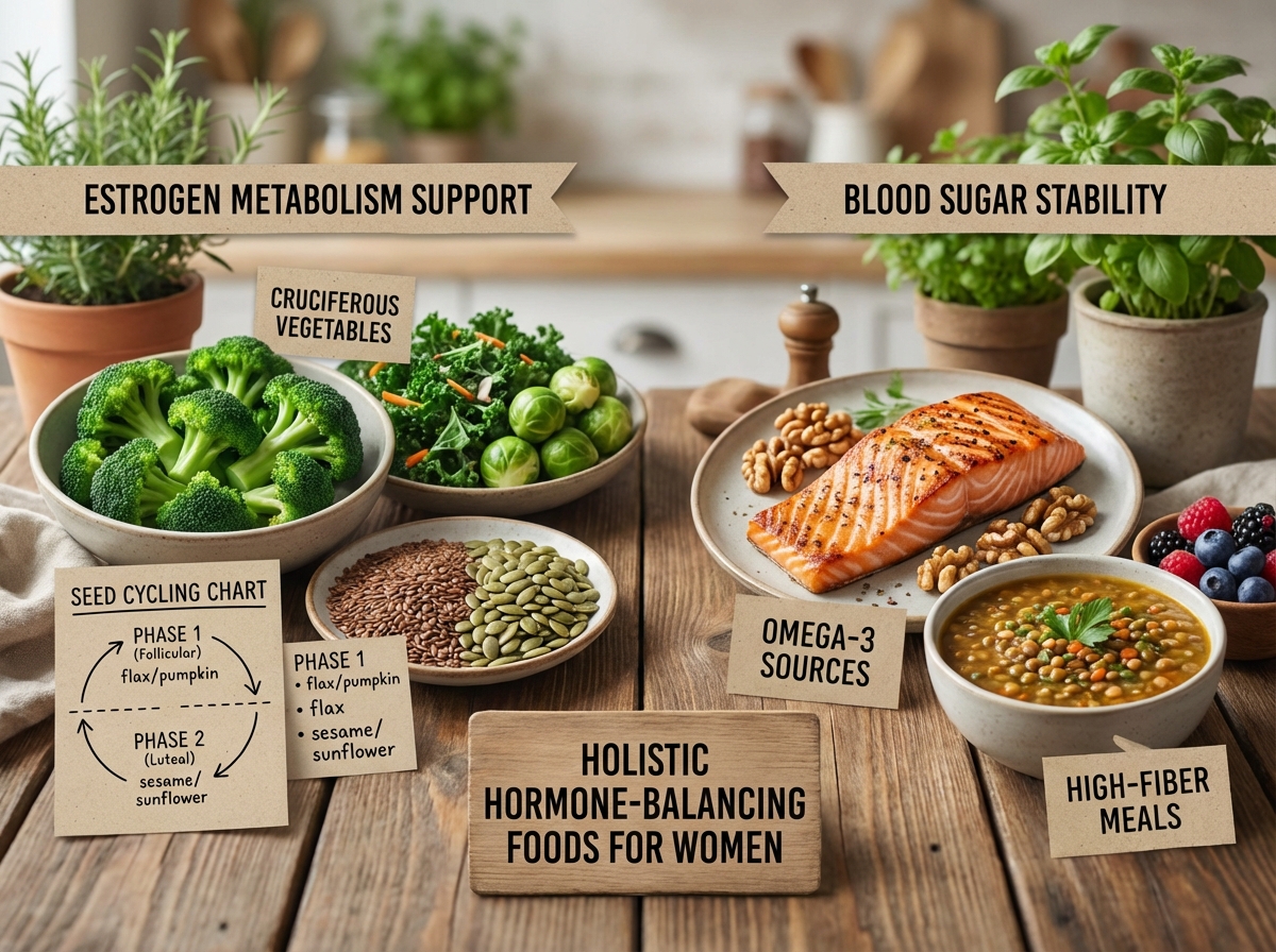 Holistic hormone-balancing foods for women showing cruciferous vegetables, omega-3 sources, seed cycling chart, and high-fiber meals arranged by their roles in estrogen metabolism and blood sugar stability