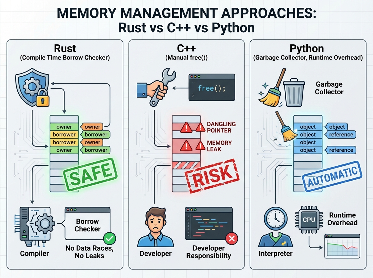Side-by-side comparison of Rust vs C++ vs Python memory management approaches: Rust borrow checker at compile time, C++ manual free(), Python garbage collector with runtime overhead
