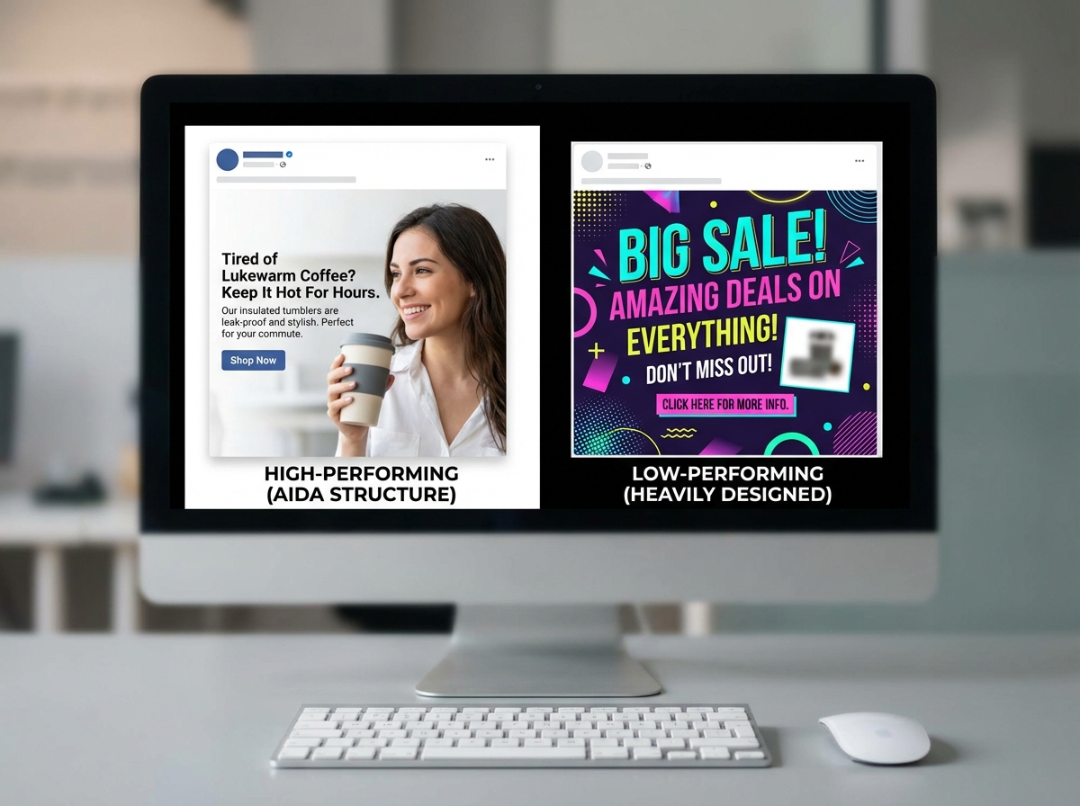 Facebook ad creative examples side by side showing high-performing simple image ad with AIDA copywriting structure versus low-performing heavily designed graphic with generic headline
