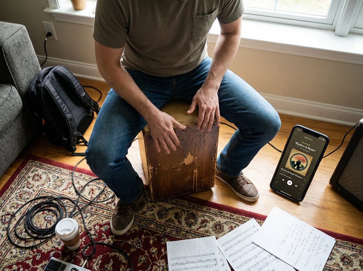 Overhead scene of cajon player seated and playing in a casual practice setting with phone playing music visible, showing real-world song accompaniment practice