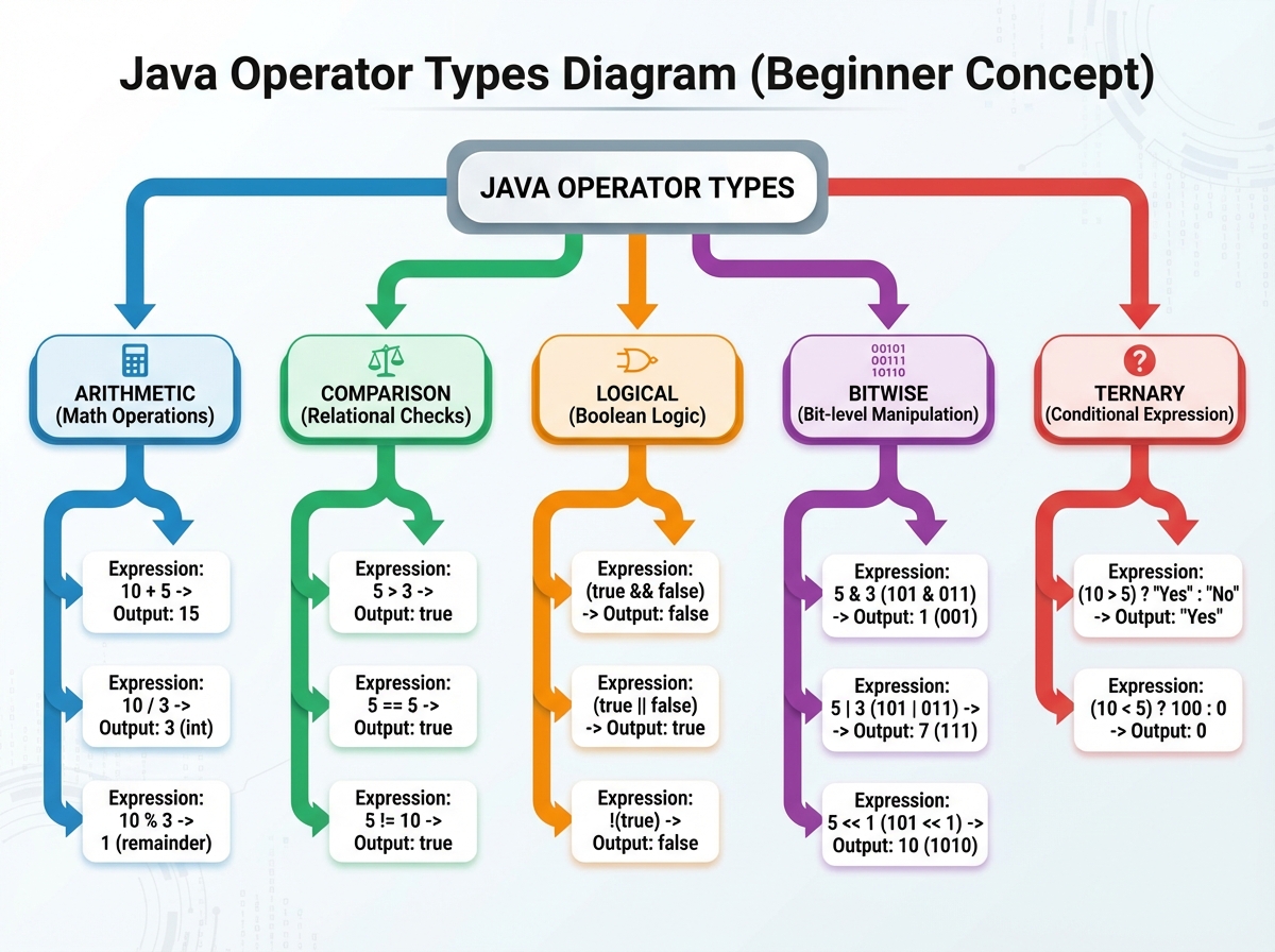 Java operator types diagram showing arithmetic, comparison, logical, bitwise, and ternary operators with example expressions and output values for beginner Java programmers