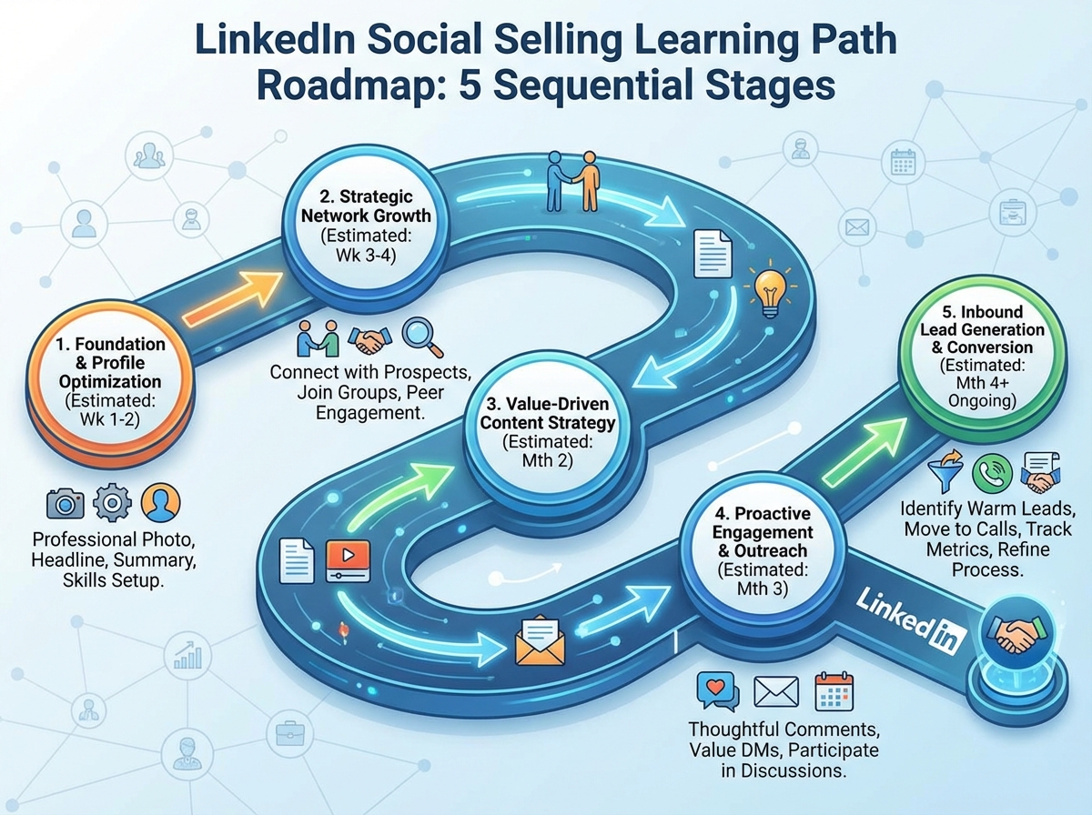 LinkedIn social selling learning path roadmap showing five sequential stages from profile setup through content strategy to inbound lead generation with estimated time per stage