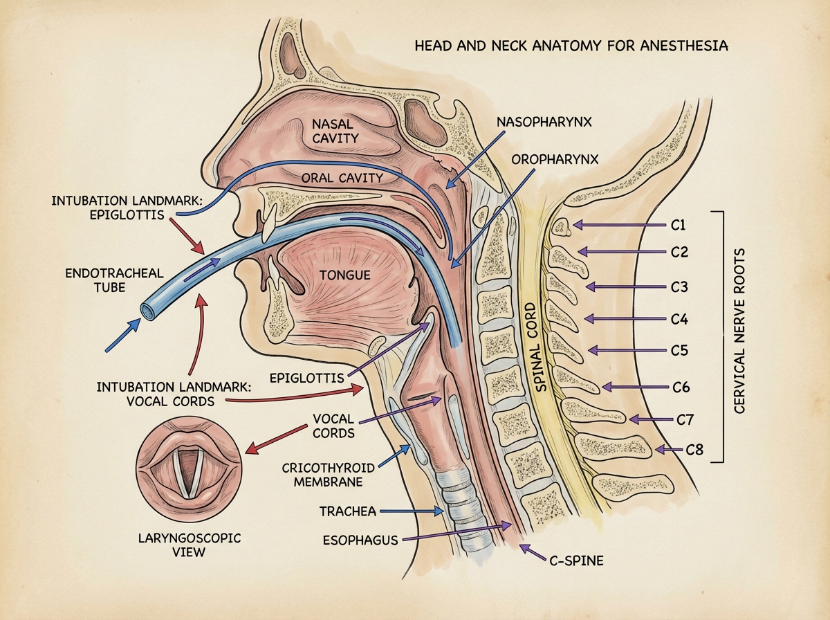 Head and neck anatomy diagram for anesthesia showing airway structures — larynx, trachea, vocal cords, cricothyroid membrane — with labeled intubation landmarks and cervical nerve root origins