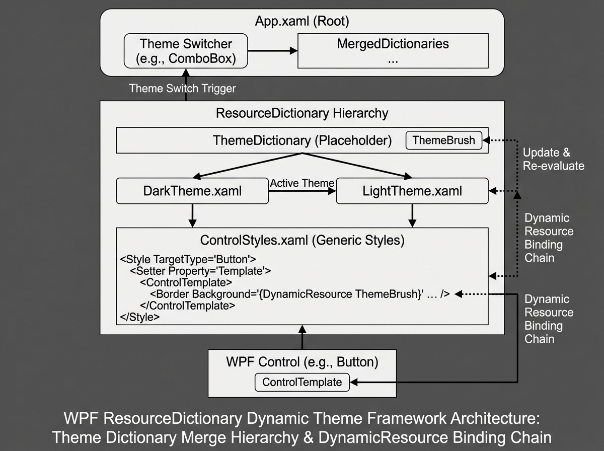 WPF ResourceDictionary dynamic theme framework architecture showing theme dictionary merge hierarchy, DynamicResource binding chain from control ControlTemplate to root App.xaml theme switcher