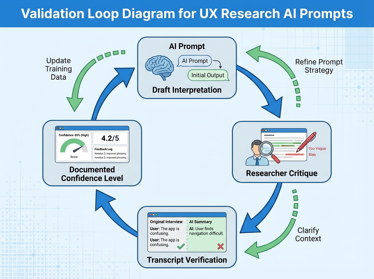 Validation loop diagram for UX research AI prompts showing four-step cycle: draft interpretation, researcher critique, transcript verification, and documented confidence level with feedback arrows