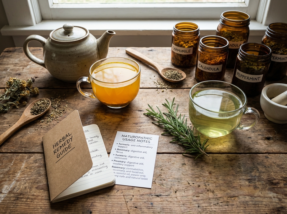 Naturopathy herbal medicine home toolkit showing turmeric tea preparation, rosemary tea, labeled herb jars, and a simple herbal remedy guide card with naturopathic usage notes