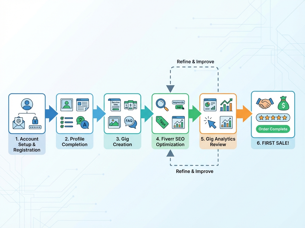 Fiverr selling pipeline diagram showing the flow from account setup through profile completion, gig creation, Fiverr SEO optimization, and gig analytics review to first sale