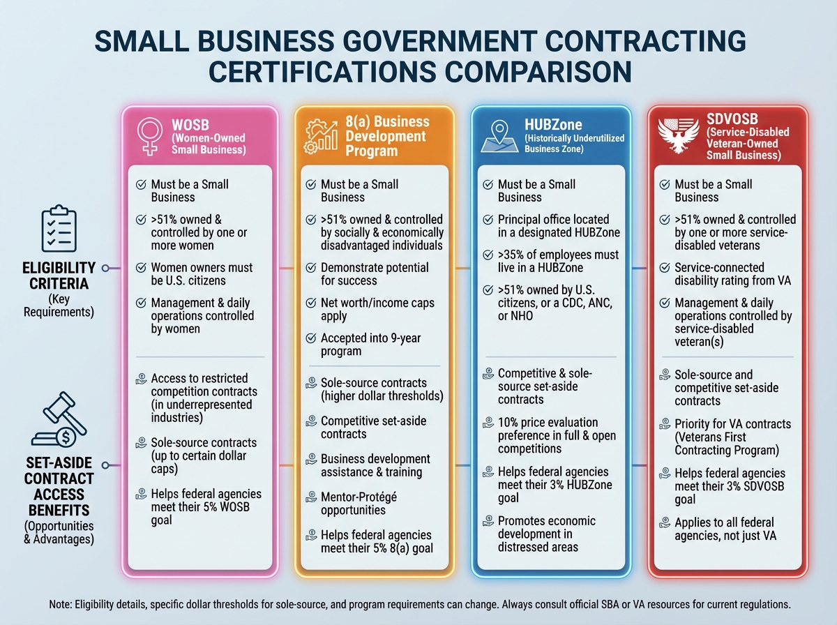 Small business government contracting certifications comparison showing WOSB, 8(a), HUBZone, and SDVOSB side by side with eligibility criteria and set-aside contract access benefits for each