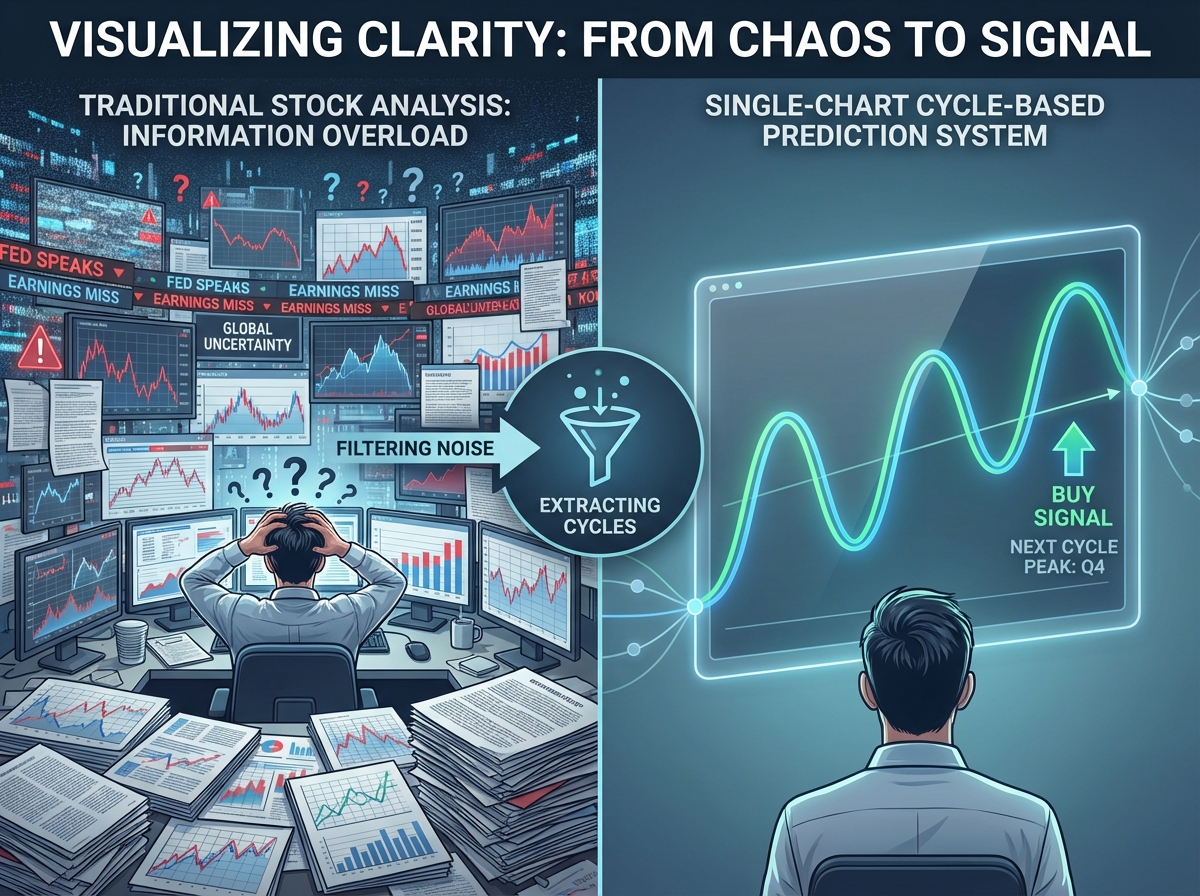 Visual showing information overload in traditional stock analysis versus single-chart cycle-based stock market prediction system, with noise filtered down to one clean signal