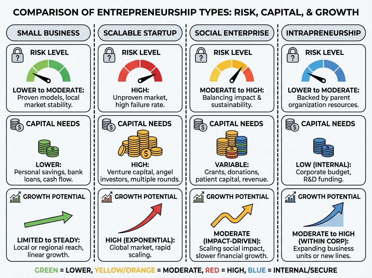 Comparison diagram of entrepreneurship types side-by-side: small business, scalable startup, social enterprise, and intrapreneurship — showing risk level, capital needs, and growth potential for each