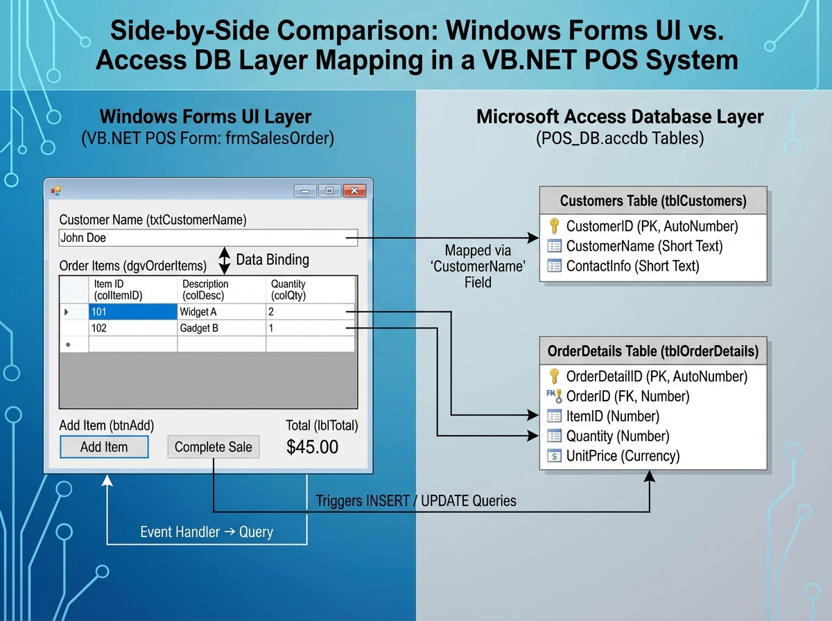 Side-by-side comparison of Windows Forms UI layer versus Microsoft Access database layer in a VB.NET point of sale system, showing form controls mapped to database table columns