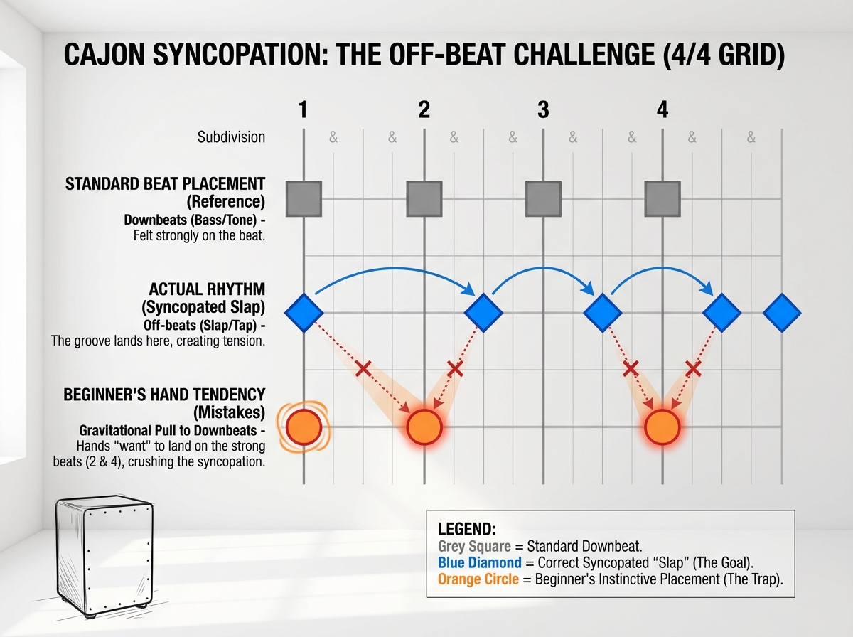 Cajon syncopation concept diagram showing a 4/4 grid with standard beat placement versus off-beat slap placement, with colored markers indicating where beginner hands want to land versus where the rhythm actually falls