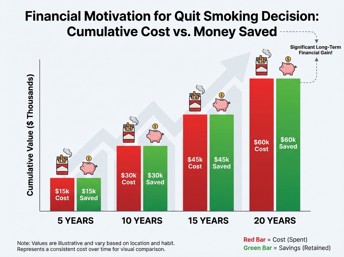 Bar chart showing cumulative cost of smoking over 5, 10, 15, and 20 years versus money saved after quitting, illustrating financial motivation for quit smoking decision