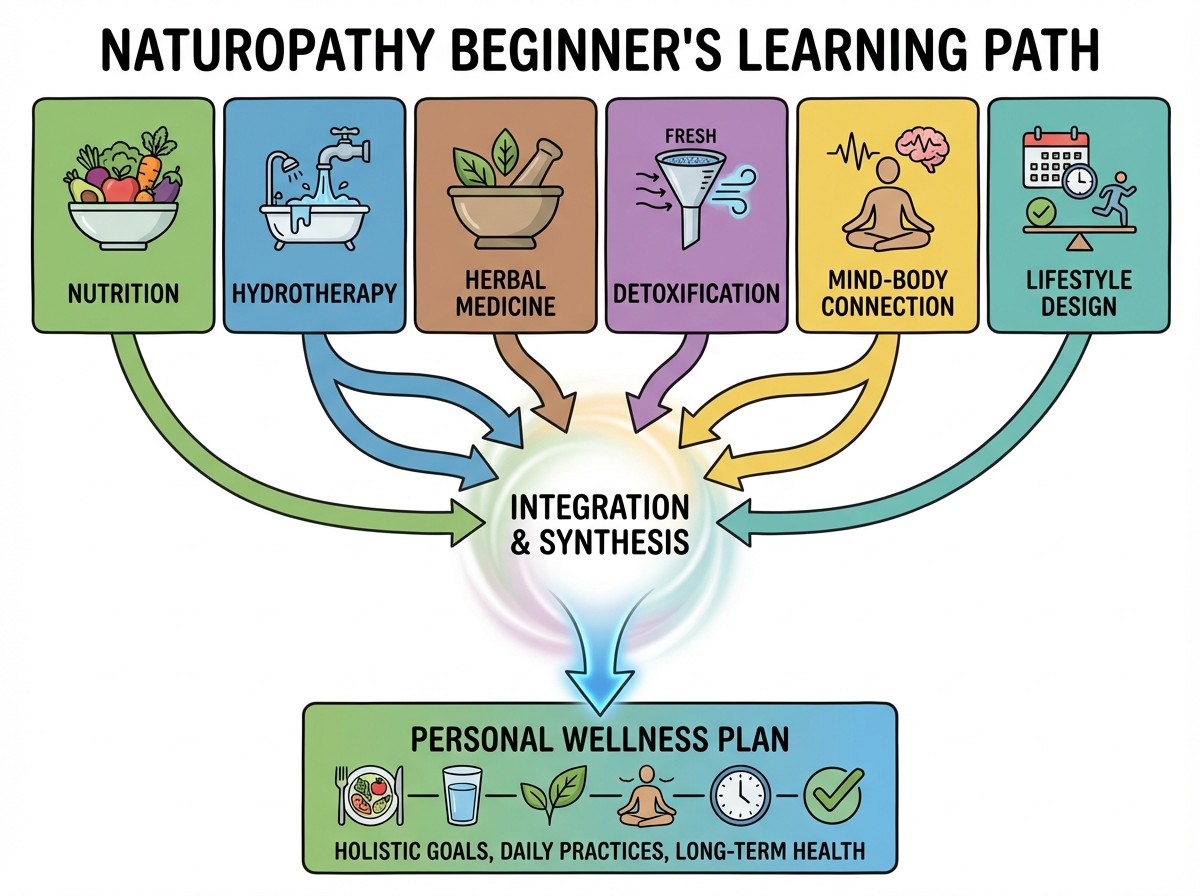 Naturopathy beginner's learning path diagram showing six pillars: nutrition, hydrotherapy, herbal medicine, detoxification, mind-body connection, and lifestyle design flowing into a personal wellness plan