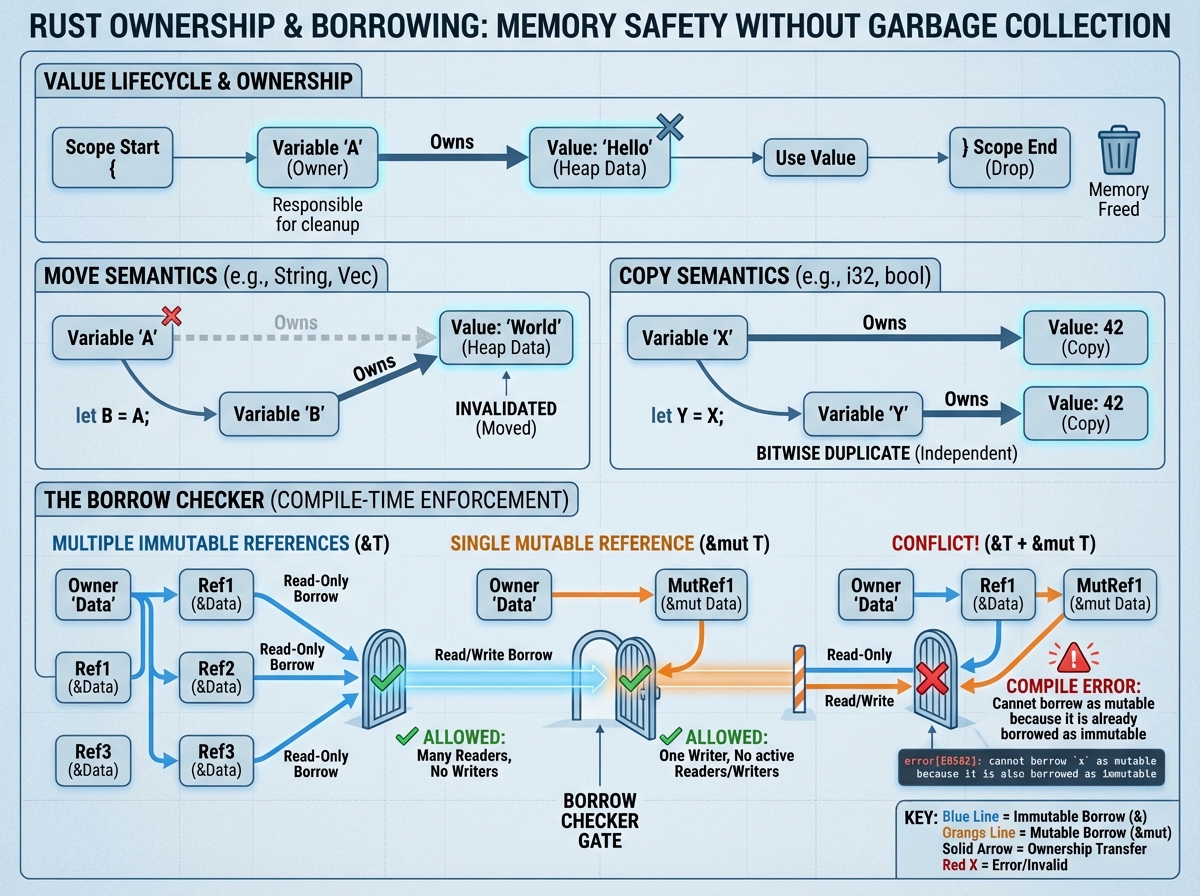 Rust ownership and borrowing rules visual showing value lifecycle, move vs copy types, and the borrow checker enforcing one mutable reference or multiple immutable references at compile time