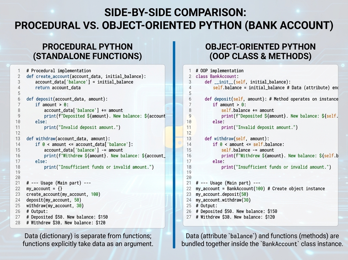 Side-by-side comparison of procedural Python code using standalone functions versus OOP Python code using a BankAccount with __init__, deposit, and withdraw methods