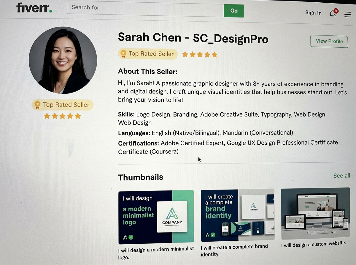 Fiverr seller profile page showing a complete profile with professional photo, detailed bio, listed skills, languages, and linked certifications as seen by a buyer